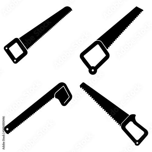 Four black silhouette images of different hand saws with varying handle designs on a white background