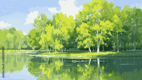 Verdant Reflections River scenery with bright green trees isolated watercolor vector illustration svg