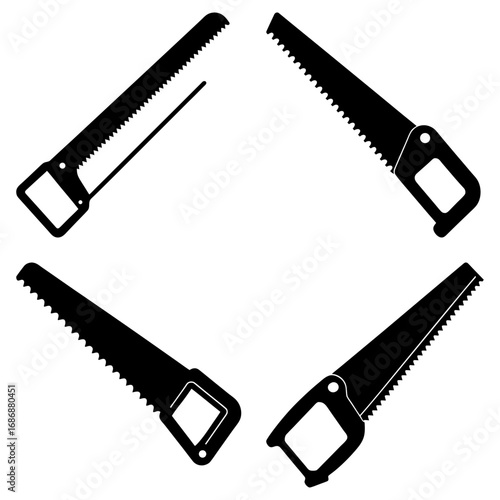 Four black silhouette illustrations of different types of hand saws arranged in a square formation pattern
