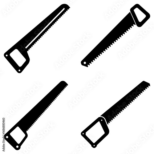 Four black silhouette illustrations of hand saws with different handle styles on a white background