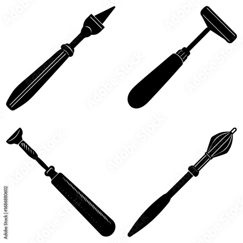 Illustration of four different black and white tools with handles and specialized heads on a white background