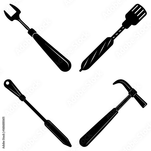 Illustration of four black and white hand tools including a wrench, hammer, scraper and a pick tool