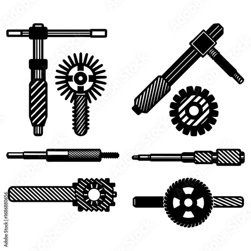 Illustration showcasing various mechanical tools and gears in a detailed black and white design style image