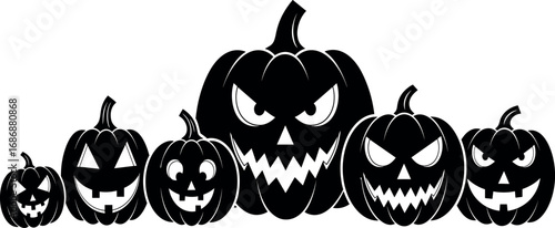 A sinister group of black silhouette Jack-o'-lanterns with evil glowing faces, isolated on a white background for Halloween