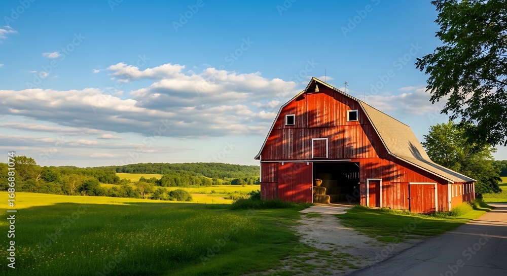 Obraz premium Red Barn with Rural Landscape, and Sunset.