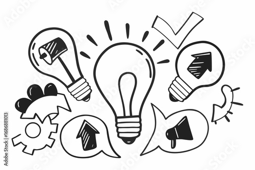 Vector hand drawn doodle sketch of creative marketing ideas isolated on white background