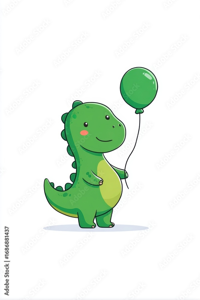 Fototapeta premium Cute green dinosaur character holding a bright green balloon, showcasing a playful and cheerful demeanor in a whimsical illustration style, perfect for children's themes