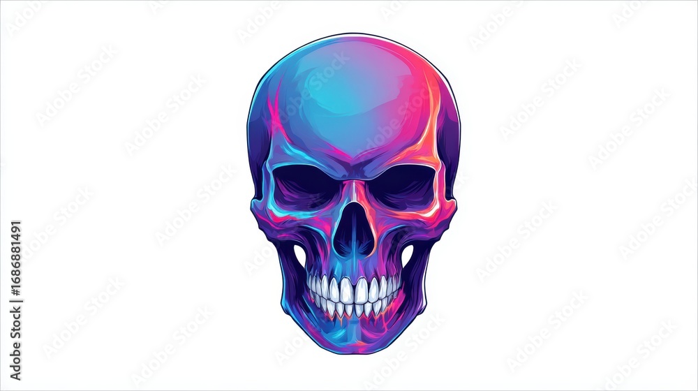 Fototapeta premium Colorful digital illustration of a skull with vibrant hues, showcasing intricate details and a glossy finish, perfect for artistic and thematic design projects