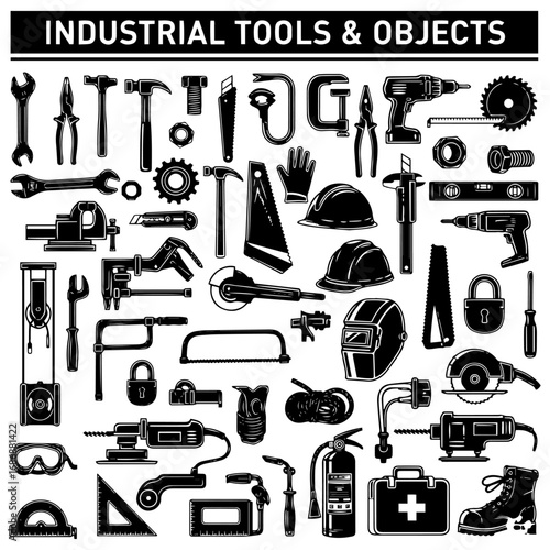 Comprehensive collection of black silhouette icons depicting essential industrial and construction tools, equipment, and safety gear for various trades and workshops.