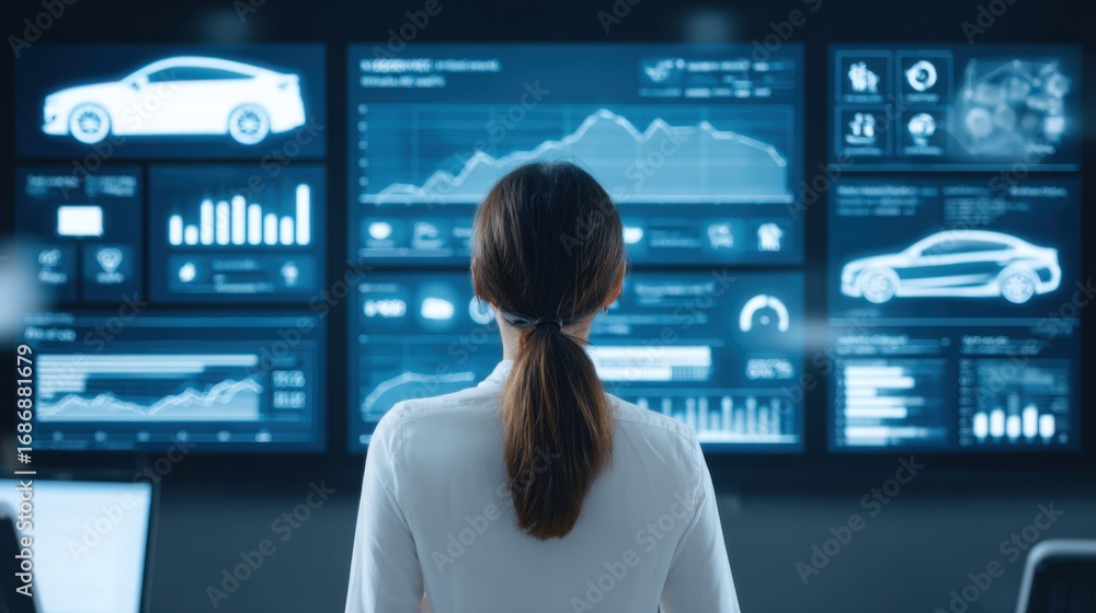 Obraz premium woman reviewing automotive data screens
