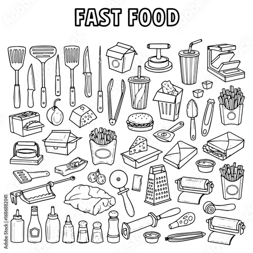 Detailed black and white doodle collection of fast food items, cooking ingredients, and kitchen utensils for restaurant and takeaway themes.