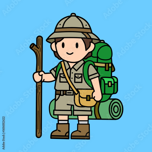 Adorable cartoon explorer boy with a backpack and walking stick, ready for a hiking and camping adventure in nature