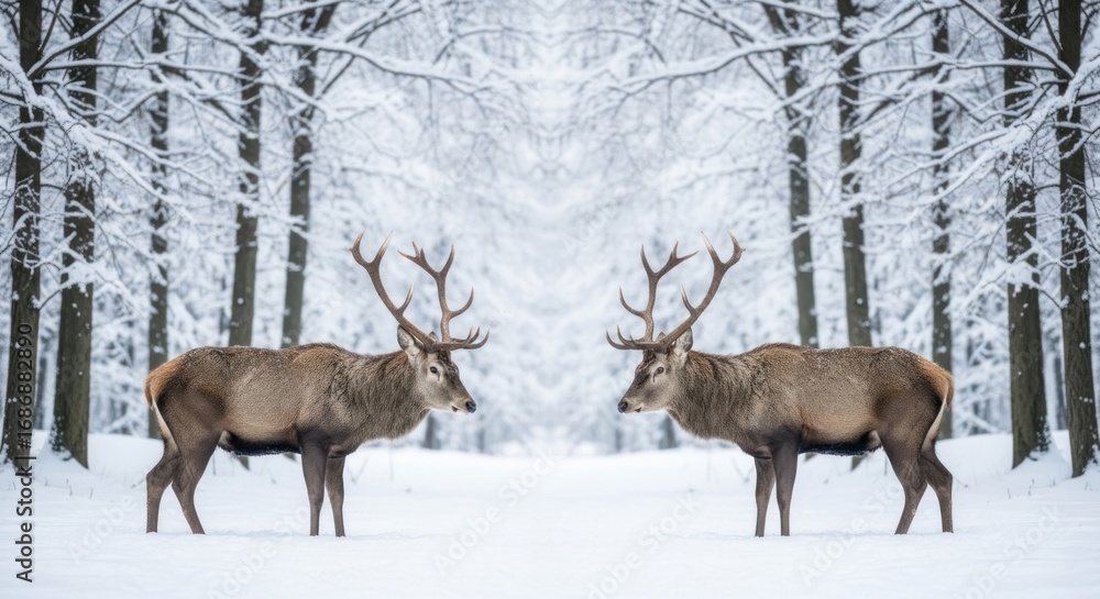 Obraz premium Two majestic red deer in a snowy forest