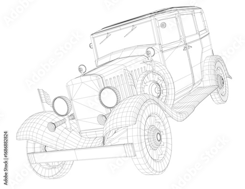 Vintage car wireframe model on white background, featuring detailed headlights, grille, and wheels.