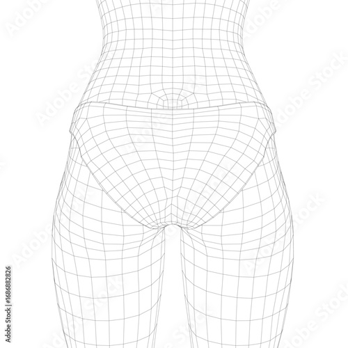 A girl's wireframe body sketch with visible panties, minimalist lines, and geometric forms.