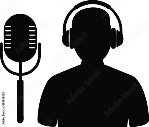 a man wearing headphones stands in front of a podcast mic silhouette vector illustration