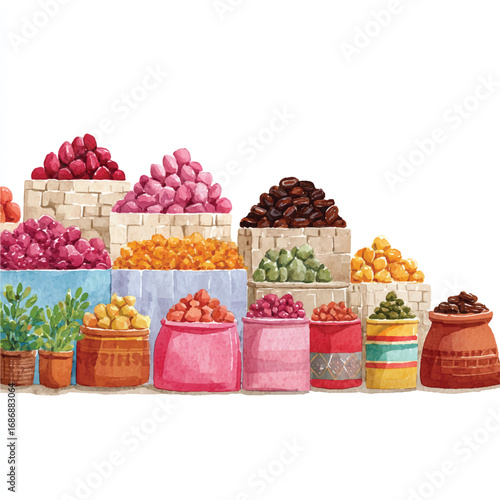 Watercolor illustration of colorful spices and herbs displayed in containers