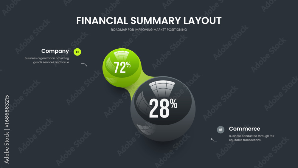Naklejka premium Science Review 2 Element Chart Slideshow Design. Investor Introduction Two Option Graph Presentation Template. Financial Forecast Frame Layout Vector Illustration.
