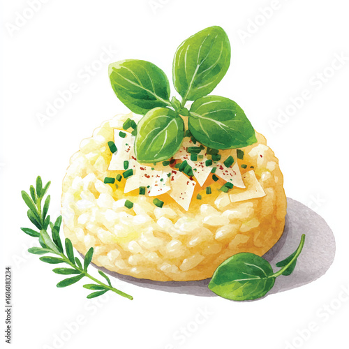 Watercolor Illustration of Creamy Risotto with Fresh Herbs and Cheese
