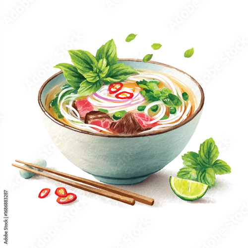Watercolor Illustration of Delicious Vietnamese Pho with Fresh Herbs and Garnishes
