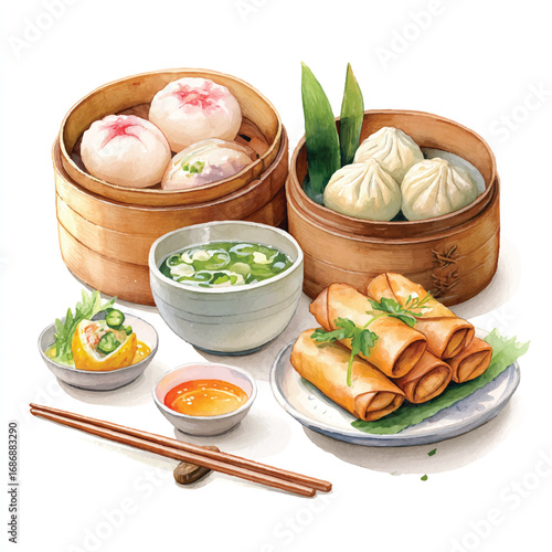 Watercolor Illustration of Delicious Asian Cuisine with Various Dishes