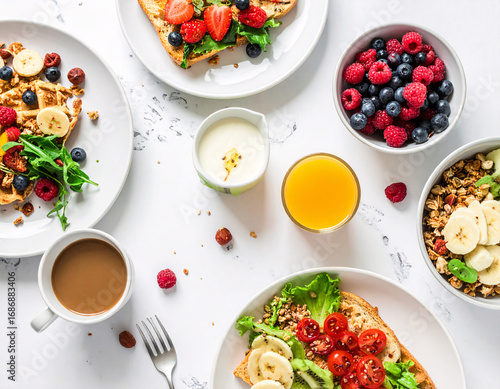Delicious healthy breakfast spread cozy kitchen table food photography bright environment top-down view nutritional concept