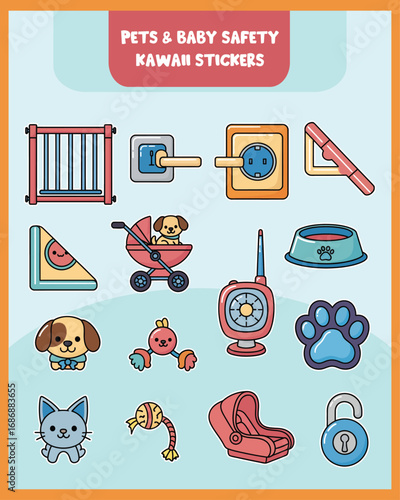 Cute kawaii stickers of pets and baby safety essentials in pastel style, perfect for planners, scrapbooking, and home safety themes.