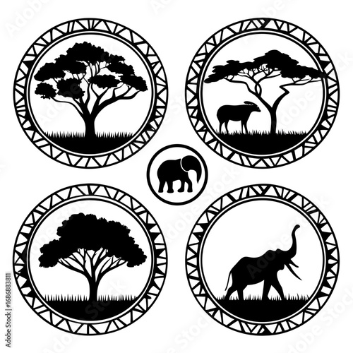 African savanna wildlife tree emblems elephant