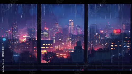 lofi anime city view from a window with falling rain and purple blue neon lights