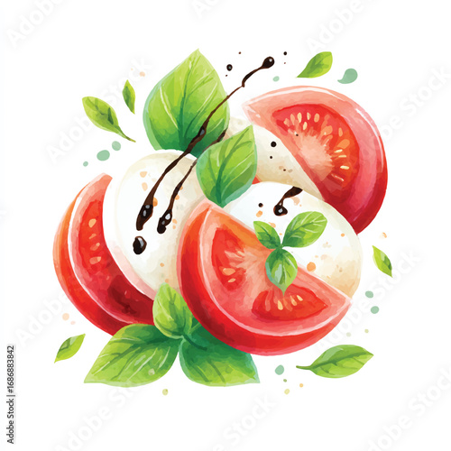 Watercolor Illustration of Fresh Caprese Salad with Balsamic Drizzle and Basil