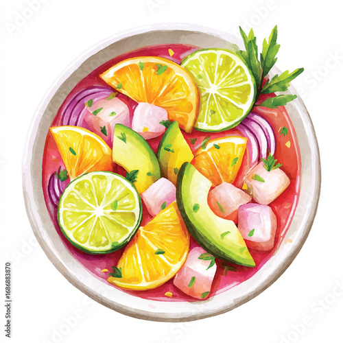 Watercolor Illustration of Fresh Ceviche with Citrus Avocado and Herbs