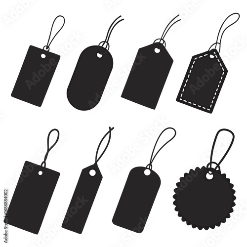 Assorted black clothing tags with strings price tag