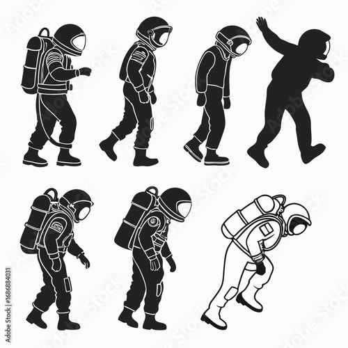 Astronauts in motion silhouettes space suit walking