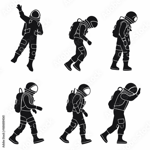 Astronauts in various poses space suit silhouette