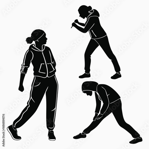 Athletic figures in motion silhouette exercise