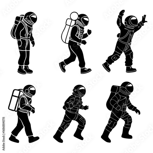 Astronauts in various poses space suit silhouette