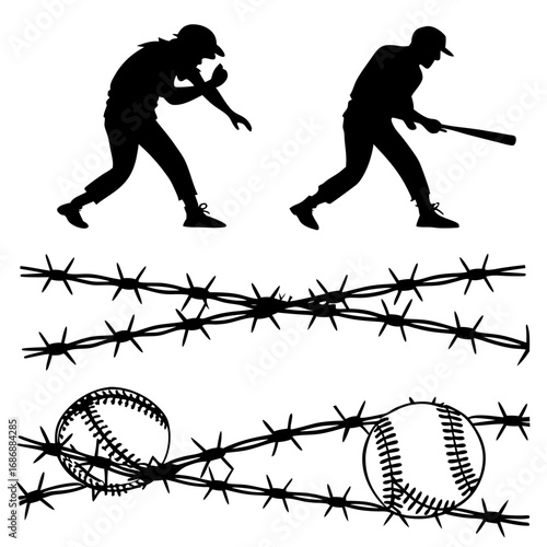 Baseball players barbed wire baseballs silhouette