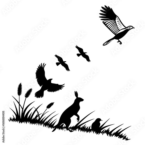 Birds flying over rabbit and grass black white