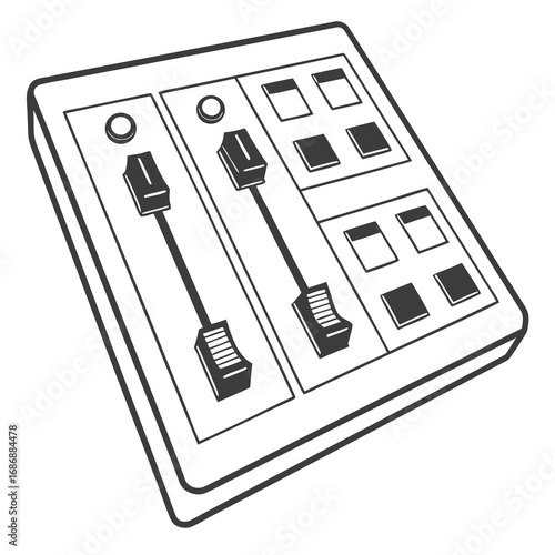 Black and white audio mixer with sliders and buttons