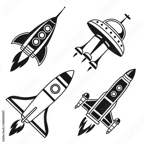 Black and white rocket ship and flying saucer icons