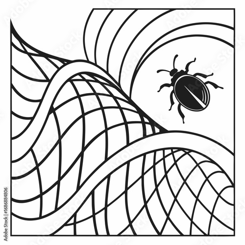 Black beetle on abstract wavy grid insect