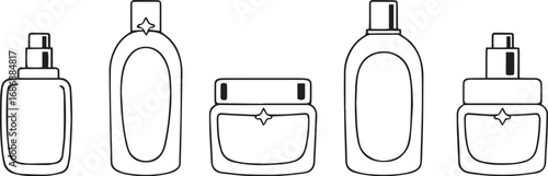 A set of cosmetic containers. Jars, vials, bottles, tubes. Hand drawn vector illustration