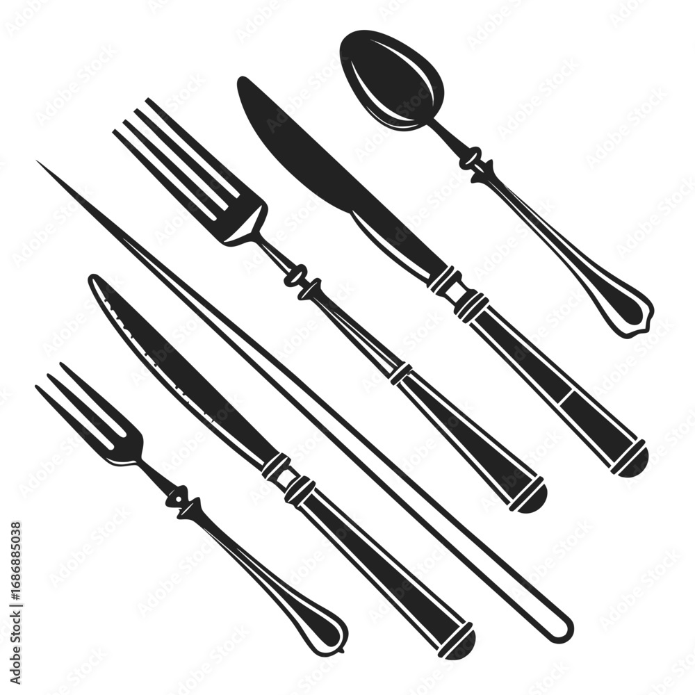 Fototapeta premium Black cutlery collection fork knife