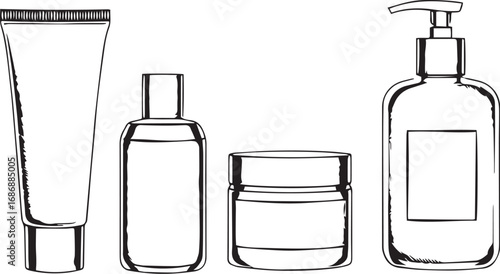 A set of cosmetic containers. Jars, vials, bottles, tubes. Hand drawn vector illustration