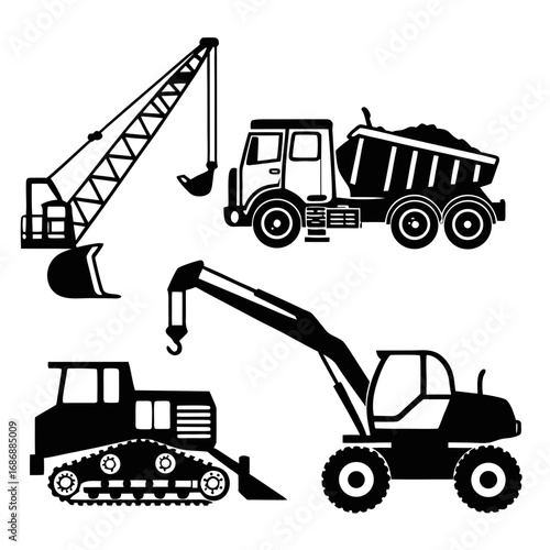 Black construction vehicles set crane excavator