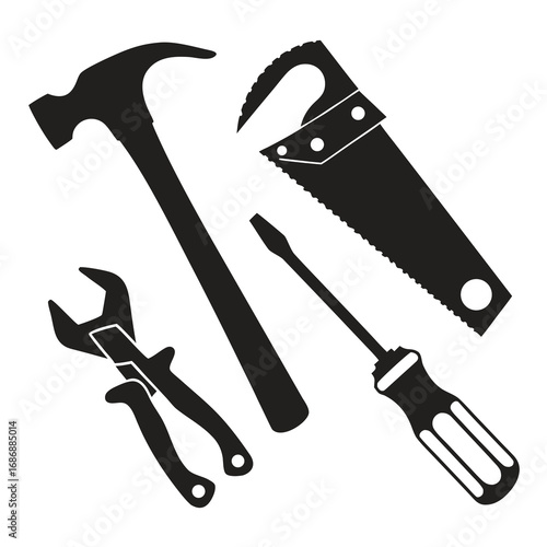 Black construction tools hammer saw wrench screwdriver