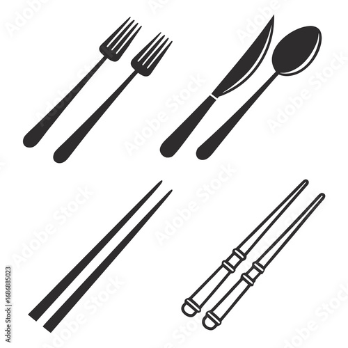 Black cutlery and chopsticks icons fork knife