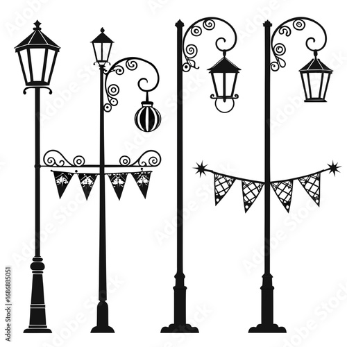 Black decorative street lamps and banners street lights
