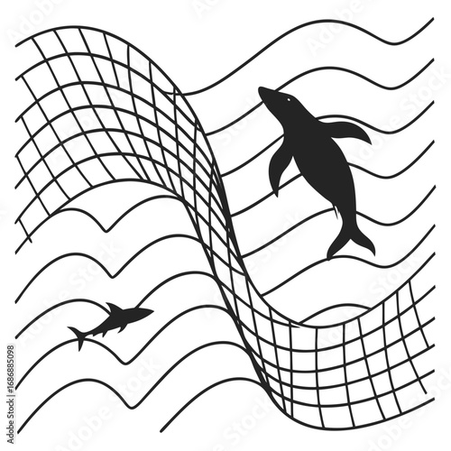 Black dolphin and shark silhouettes on wavy grid marine life
