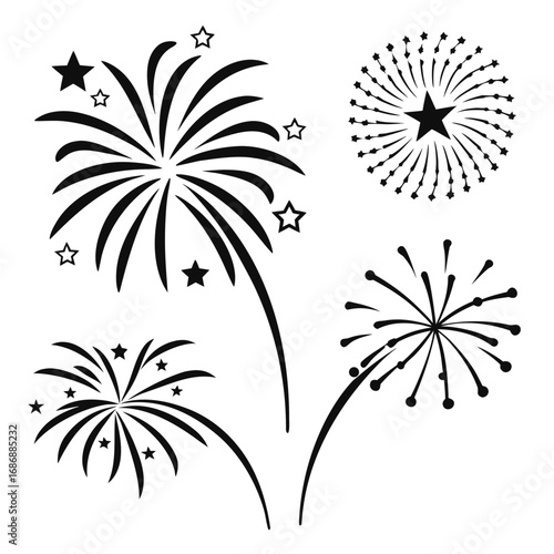 Black firework bursts and stars explosion celebration